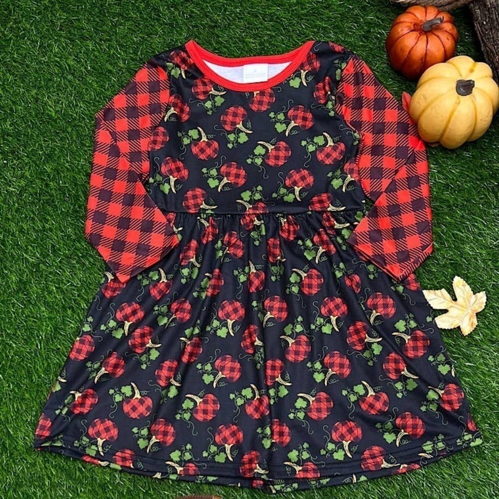 Red and Black Buffalo Plaid Pumpkin Long Sleeve Casual Dress